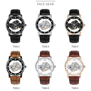 Herren Mode Skelett Quarzuhr Mechanischer Stil Lederarmband Strass Markierungen Hohl Zifferblatt Armbanduhr Geschenkbox Set