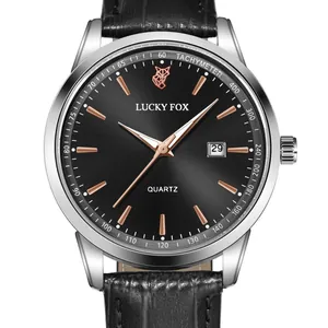 Elegante orologio al quarzo da uomo LUCKY FOX con quadrante nero e cinturino in pelle
