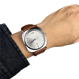 TOMI quadratische Herren Business-Uhr mit weißem Zifferblatt und braunem Lederarmband