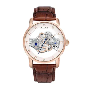 Herren Luxus Skelett Modeuhr mit roségoldenem Gehäuse und braunem Lederarmband