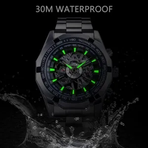 Forsining Herren-Skelettuhr Automatik, schwarzer Edelstahl, leuchtend und 30m wasserdicht