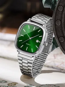 Vintage τετράγωνο ρολόι quartz με πράσινο καντράν και ασημί ατσάλινο μπρασελέ.