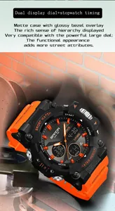 Dettaglio dell'orologio sportivo SAMDA da uomo con doppio display e cinturino arancione