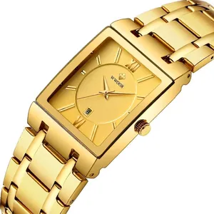 Luxuriöse WWOOR Gold quadratische Quarzuhr für Herren mit verstellbarem Stahlband