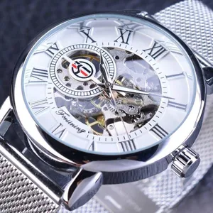 Reloj mecánico de esqueleto Forsining para hombre con correa de malla de acero inoxidable plata