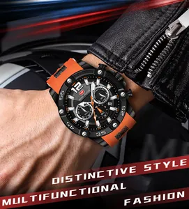 Nahaufnahme der MINI FOCUS Sportquarzuhr mit orangefarbenem Silikonarmband und schwarzem Zifferblatt
