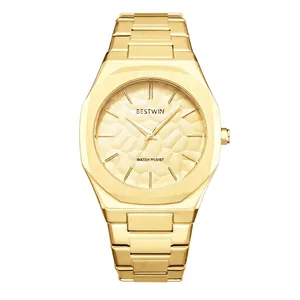 BESTWIN Montre à Quartz Homme Affaires Lunette Octogonale Cadran en Relief Bracelet en Acier Inoxydable Étanche Montre de Luxe Mode Cadeau