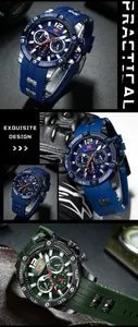 Detailansicht der blauen und grünen MINI FOCUS Sportuhren mit Quarzwerk und Multi-Zifferblatt.