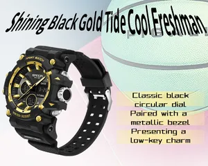 Primo piano dell'orologio sportivo digitale SANDA nero e oro da uomo con quadrante