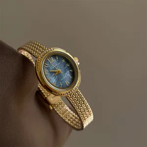 Women's Luxury Fashion Quartz Watch Alloy Woven Mesh Band Rhinestone Inlaid Bezel Oval Round Face Casual Dress Wristwatch Gift