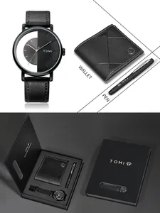 TOMI men's business gift set featuring a quartz watch, wallet, and pen in a premium box