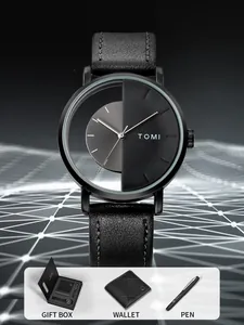 Professional TOMI men's business gift set including quartz watch, wallet and pen in black