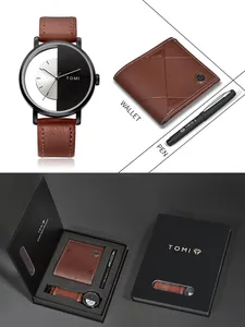 Complete TOMI men's gift set showing quartz watch, brown wallet, and black pen in box