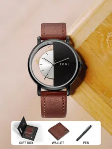 Detailed view of the TOMI business gift set including a watch, wallet, and pen.