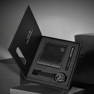Business gift set for men featuring a black quartz watch, wallet, and pen in a premium box.