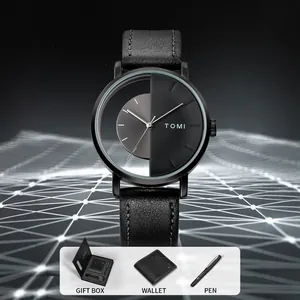 TOMI men's business gift set featuring a unique quartz watch, black wallet, and pen.