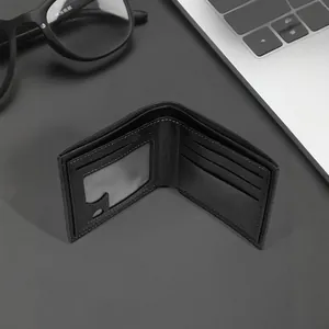 Men's black leather business bifold wallet with multiple card slots and ID window