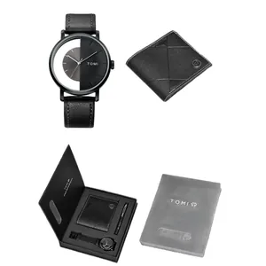 Premium TOMI men's business gift set featuring a quartz watch, leather wallet and pen