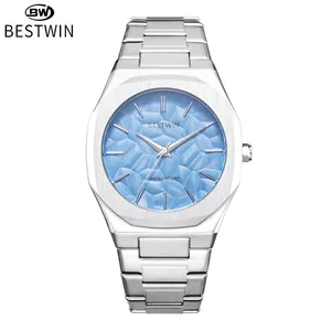 Montre à quartz BESTWIN pour hommes avec cadran bleu gaufré et bracelet en argent