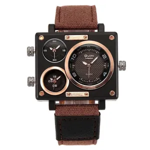 Oulm Men Quartz Watch Square Large Dial Three Time Zone Outdoor Sports Casual Alloy Case Canvas Leather Strap Fashion Wristwatch