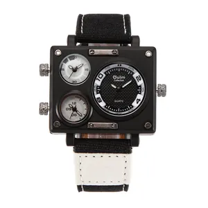 Men's oversized square dial quartz watch with three-eye design and canvas strap