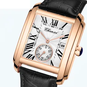 Reloj de Cuarzo de Negocios para Hombre Caja Rectangular de Aleación Correa de Cuero Relieve Cocodrilo Números Romanos Luminoso Calendario Puntero