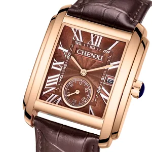 Reloj de cuarzo cuadrado de lujo para hombre con caja de oro rosa y correa de cuero
