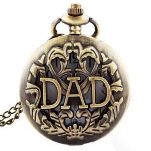 Vintage Hohl DAD Taschenuhr Retro Bronze Legierung Quarz Halskette Uhr Herren Damen Vater Geschenk Großes Zifferblatt Kette