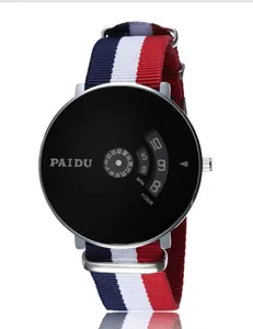 Close-up of Paidu concept watch with rotating disc dial and tricolor NATO strap