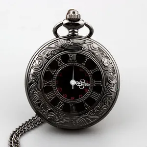 Klassieke Retro Grote Zwarte Romeinse Cijfers Dubbel Display Zakhorloge Vintage Legering Ketting Horloge Voor Dames Heren Quartz Zakhorloge Antiek Reliëf Kast