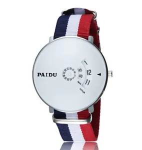 PAIDU conceptual men's watch with rotating disc display and striped NATO strap