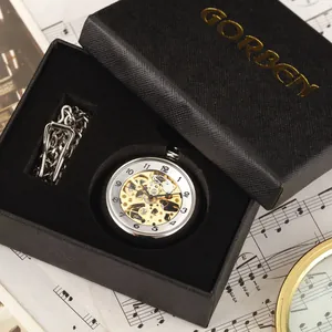 GORBEN luxury skeleton mechanical pocket watch with silver chain in elegant gift box