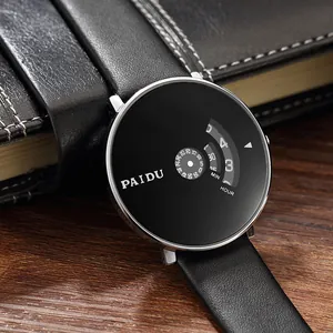Close-up of PAIDU concept men's watch featuring a unique rotating dial and leather strap