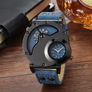 MILER Reloj de Cuarzo para Hombre Moda Movimiento Dual Dial Grande Remache Industrial Correa de Lona Denim Cuero Artificial