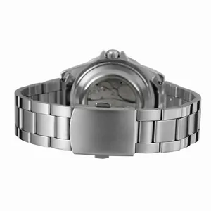 Back view of silver stainless steel automatic mechanical watch with transparent case