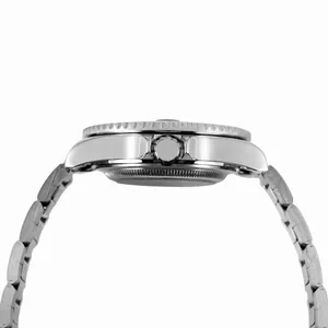 Side profile of a luxury stainless steel automatic mechanical watch with fluted bezel