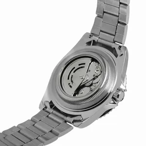 Detailed view of the automatic mechanical movement through the transparent watch case back