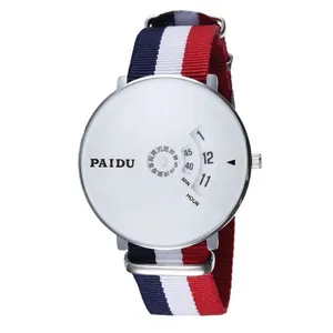 PAIDU Minimalist Concept Watch with Red White Blue Striped Nylon NATO Strap for Men
