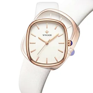 Elegant square dial women's quartz watch with rose gold case and white leather strap