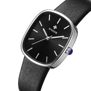 Elegant square silver watch for women with black leather strap and sunray dial