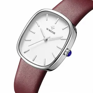 Elegant WWOOR square women's quartz watch with silver case and burgundy leather strap