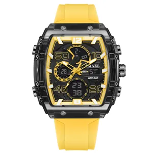 Montre de sport SMAEL tonneau pour hommes avec double affichage et bracelet jaune vif