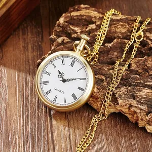 Close-up detail of a vintage gold quartz pocket watch with Roman numerals on bark
