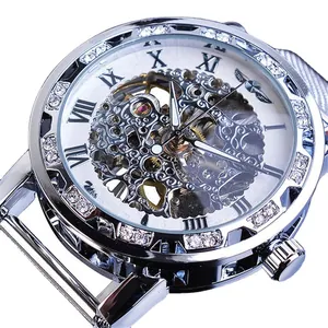 Luxus Skelettierte mechanische Herrenuhr mit Strass-Lünette und silbernem Mesh-Band