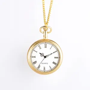 Elegant vintage gold pocket watch necklace featuring white Roman numeral dial and long chain