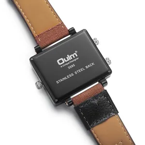 High-quality back view of Oulm men's square outdoor sport quartz watch with canvas leather strap