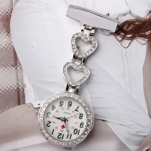 Silver heart-shaped nurse fob watch with crystals and quartz movement