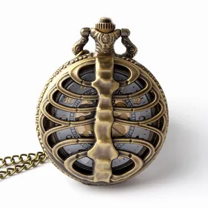 Vintage Bronze Spinal Bone Hollow Out Pocket Watch Necklace Large Rib Cage Skeleton Quartz Pocket Watch For Men Women Jewelry