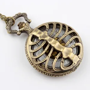 Antique bronze vintage skeleton ribcage hollow pocket watch with long sweater chain