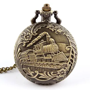 Vintage Steam Train Relief Hollow Pocket Watch Necklace Quartz Movement Alloy Pendant Watch With Long Chain For Men Women